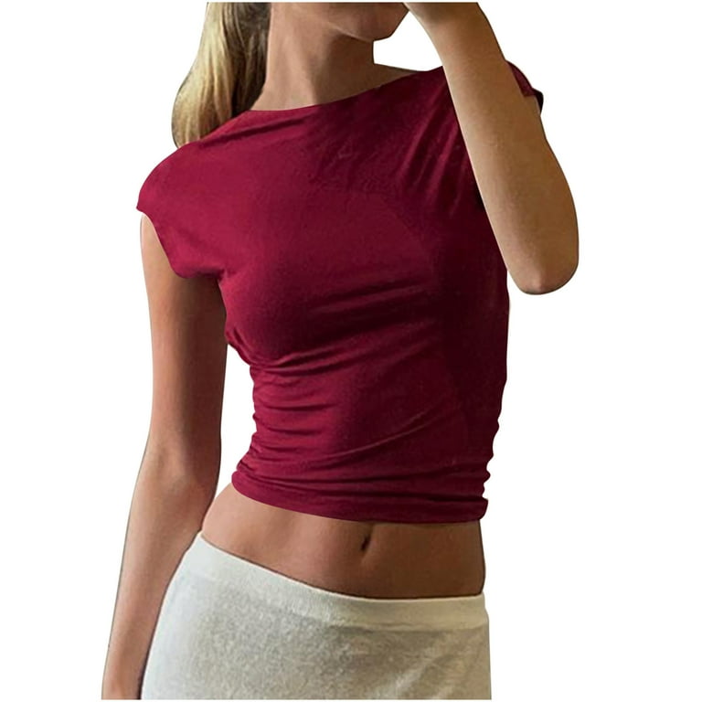 Women's Backless Tee Shirt Workout Basic Short Sleeve Skinny Form Fit  Tshirt Casual Open Back Going Out Tops Blouse Womens Clothes 