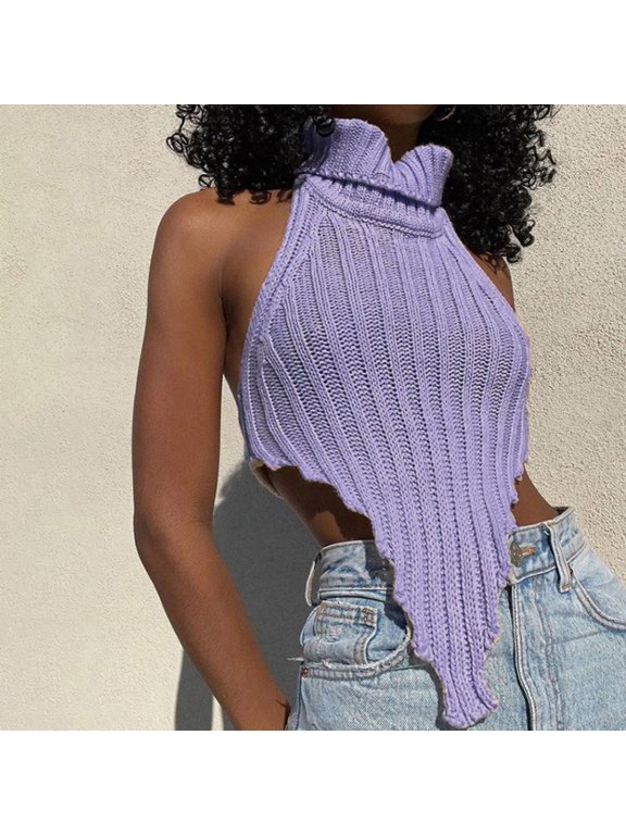 Women's Backless Solid Turtleneck Irregular Knit Vest Slim Fit Sweater