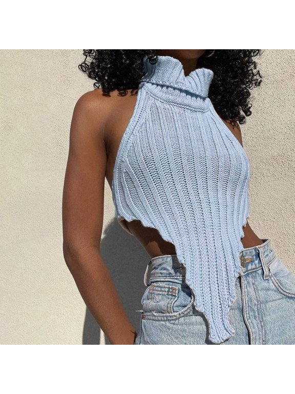 Women's Backless Solid Turtleneck Irregular Knit Vest Slim Fit Sweater