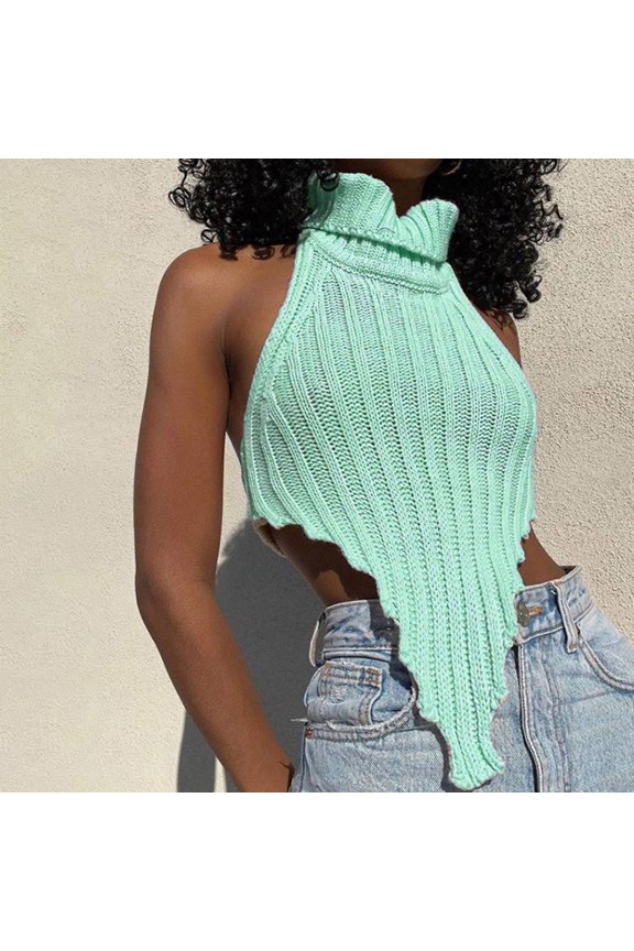 Women's Backless Solid Turtleneck Irregular Knit Vest Slim Fit Sweater