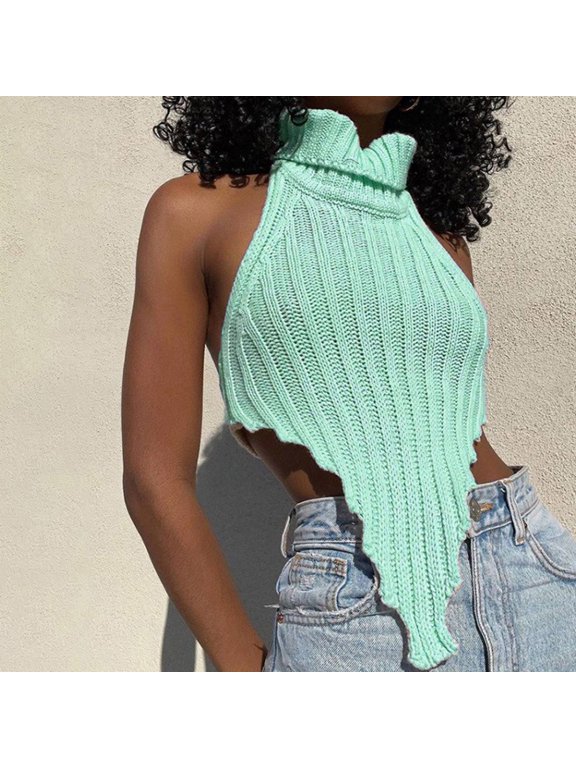 Women's Backless Solid Turtleneck Irregular Knit Vest Slim Fit Sweater