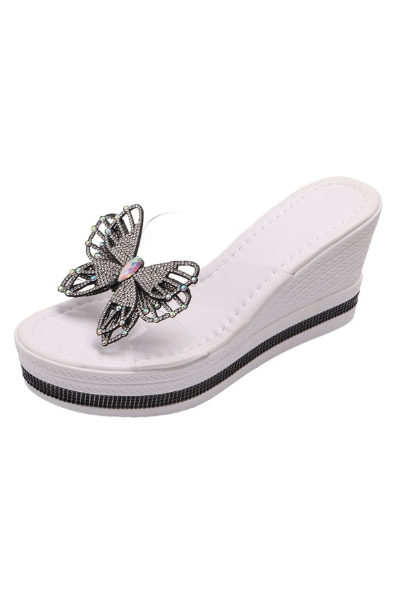 Women's Backless Wedge Sandals Rhinestone Butterfly Clear Strap Platform Slide Non Slip Dressy Heels Black Size 7