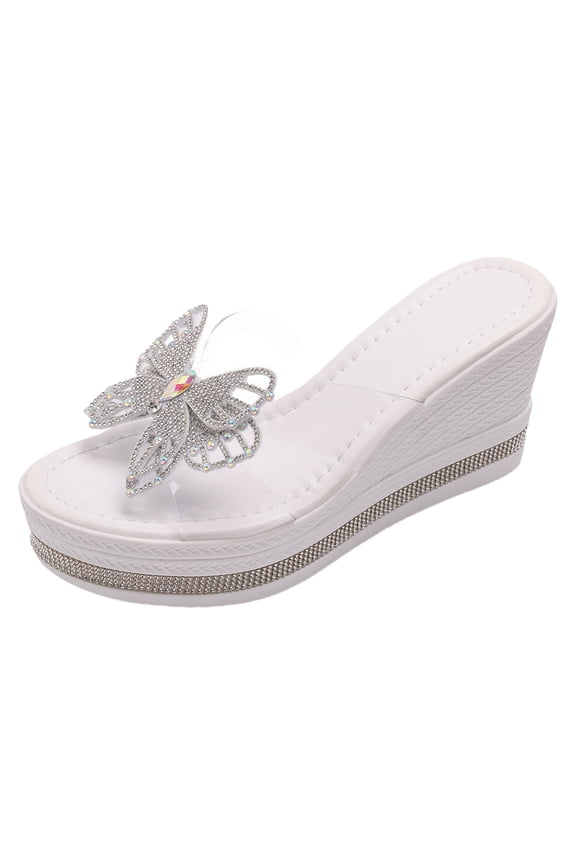 Women's Backless Wedge Sandals Rhinestone Butterfly Clear Strap Platform Slide Non Slip Dressy Heels Silver Size 7.5