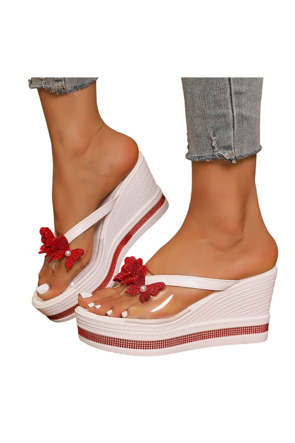 Women's Backless Wedge Sandals Rhinestone Butterfly Clear Strap Platform Slides Comfortable Wedding Dress Shoes Red Size 9