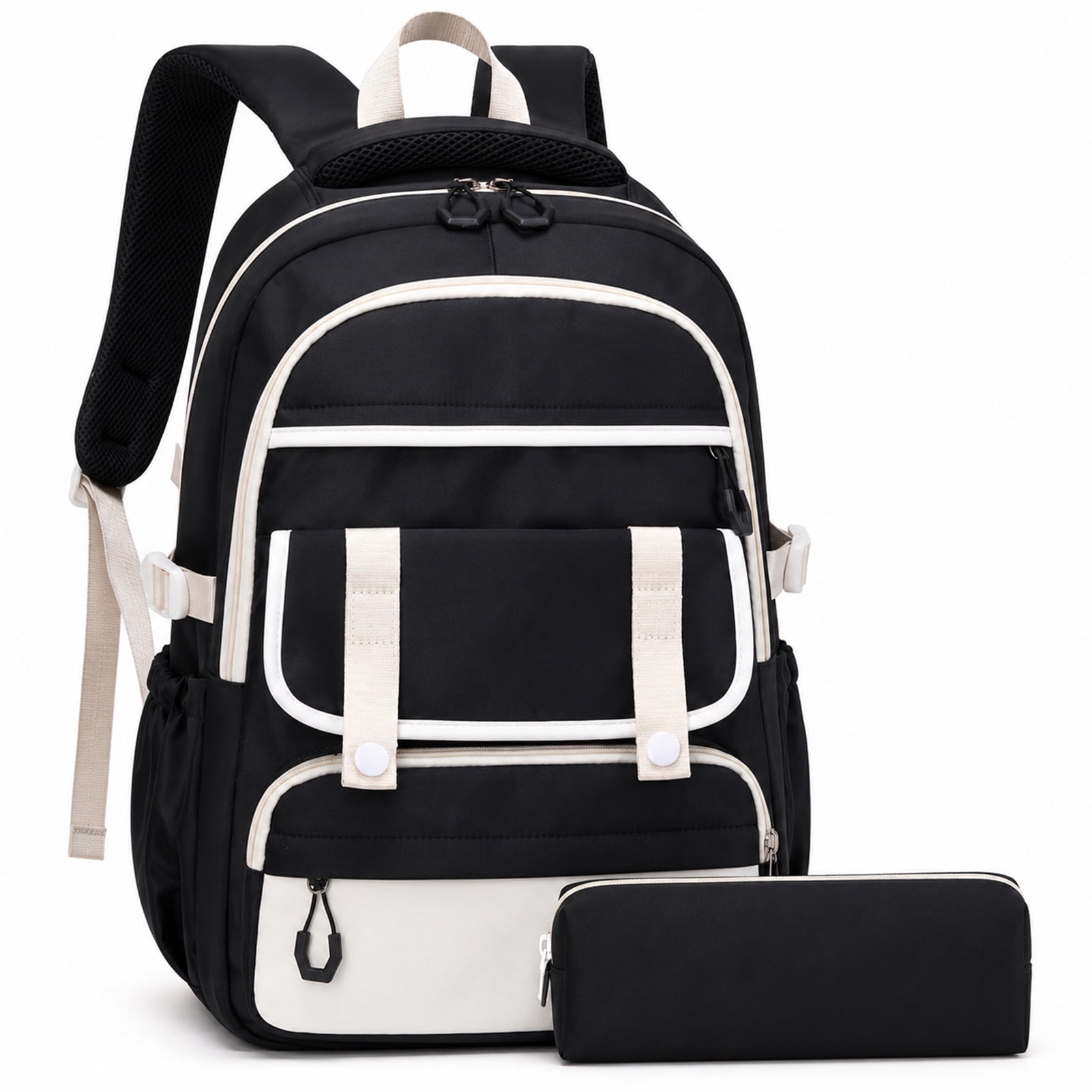 Women's Backpack - 18" Black and White Large Capacity Casual Backpack, Nylon Material, Multiple Compartments, Adjustable Shoulder Straps, Basic Backpack with Coin Pocket