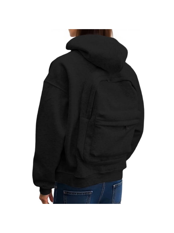 Women's Backpack Integration Zip Up Hoodie Sweatshirt Jacket, Loose Fit Casual Hooded Outerwear, Travel Friendly Functional Hoodie Sweatshirt