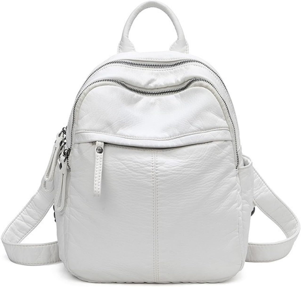 Women's Backpack Pu Soft Leather Solid Color Travel Bag Multilayer Zipper Backpack (White