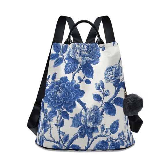 Women's Backpack Shoulder Two Shoulder Travel Backpack Free Plush ball keychain Blue Floral