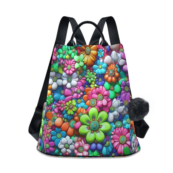 Women's Backpack Shoulder Two Shoulder Travel Backpack Free Plush ball keychain Colorful Cartoon Flowers