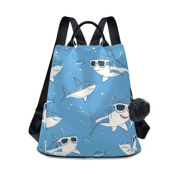 Women's Backpack Shoulder Two Shoulder Travel Backpack Free Plush ball keychain Cute Sharks Wearing Sunglasses