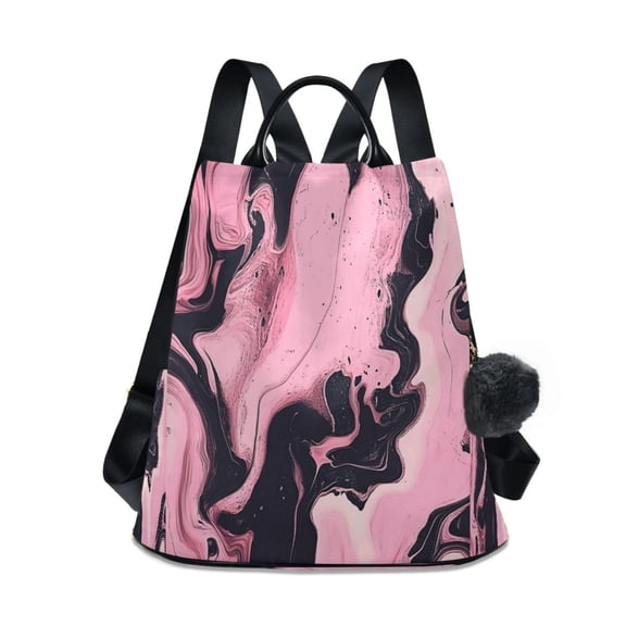 Women's Backpack Shoulder Two Shoulder Travel Backpack Free Plush ball keychain Marble Pattern Pink and Black