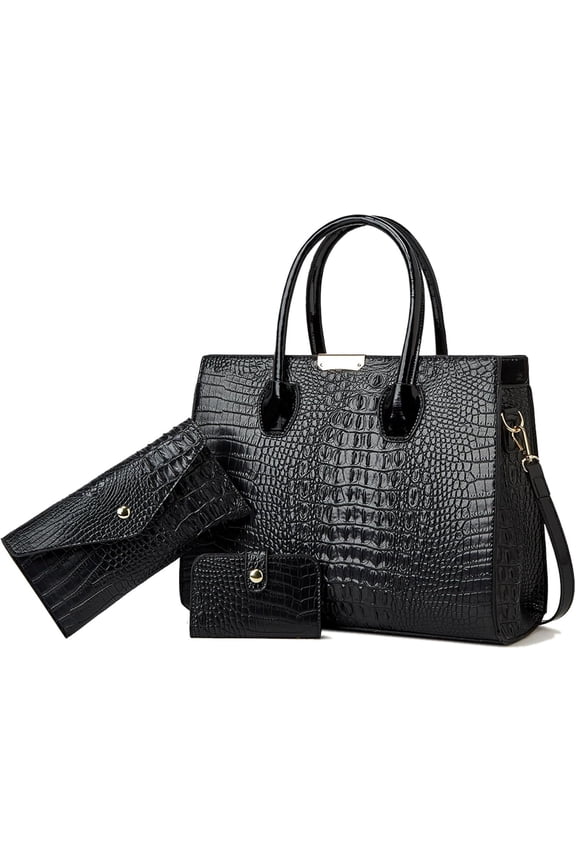 Women's Bag 3 count Set Luxury Crocodile Tote Handbag Vegan Leather Wallet Card Top Handle Satchel Purse Set