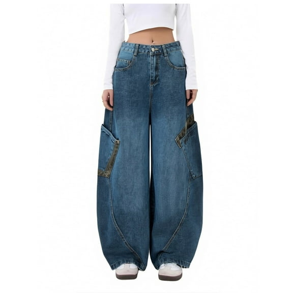 Women's Baggy Barrel Jeans, Casual Boyfriend Style High Rise Wide Leg Denim Trendy Pants