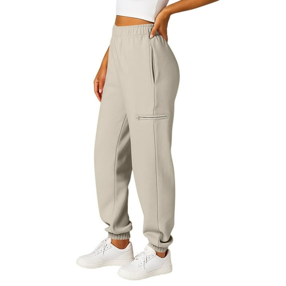 Women's Baggy Barrel Leg Sweatpants with Zipper Pockets Casual Summer Lounge Pants Elastic Waist Comfy Streetwear Bottoms Beige L