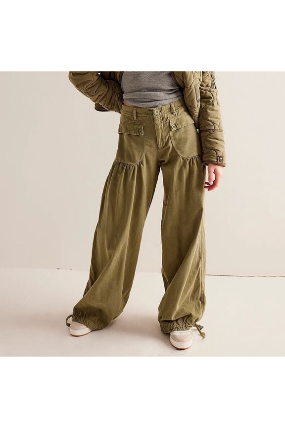 Women's Baggy Cargo Jeans, Mid Waist Wide Leg Parachute Denim Pants with Drawstring Ankles, Casual Loose Fit Streetwear Pants with Pockets Green M