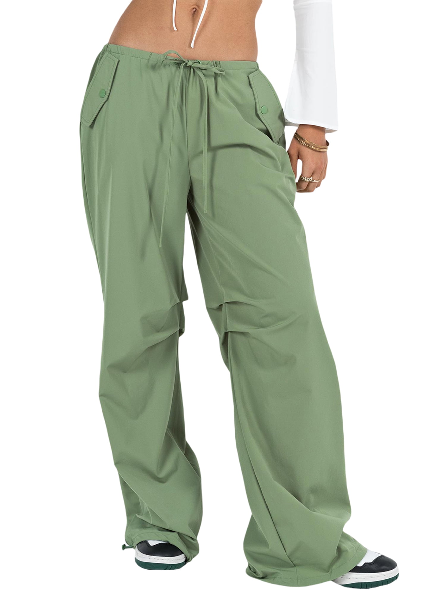 Women's Baggy Cargo Pants Drawstring Low Waist Solid Color Parachute Pants  with Pockets Streetwear 