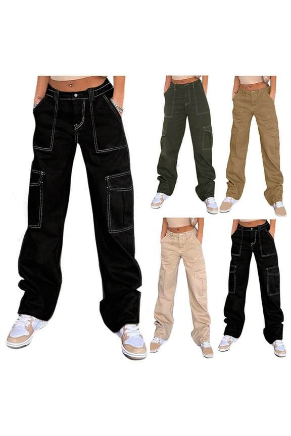 Women's Baggy Cargo Pants High Waist Straight Leg Military Style Combat Trousers Black M