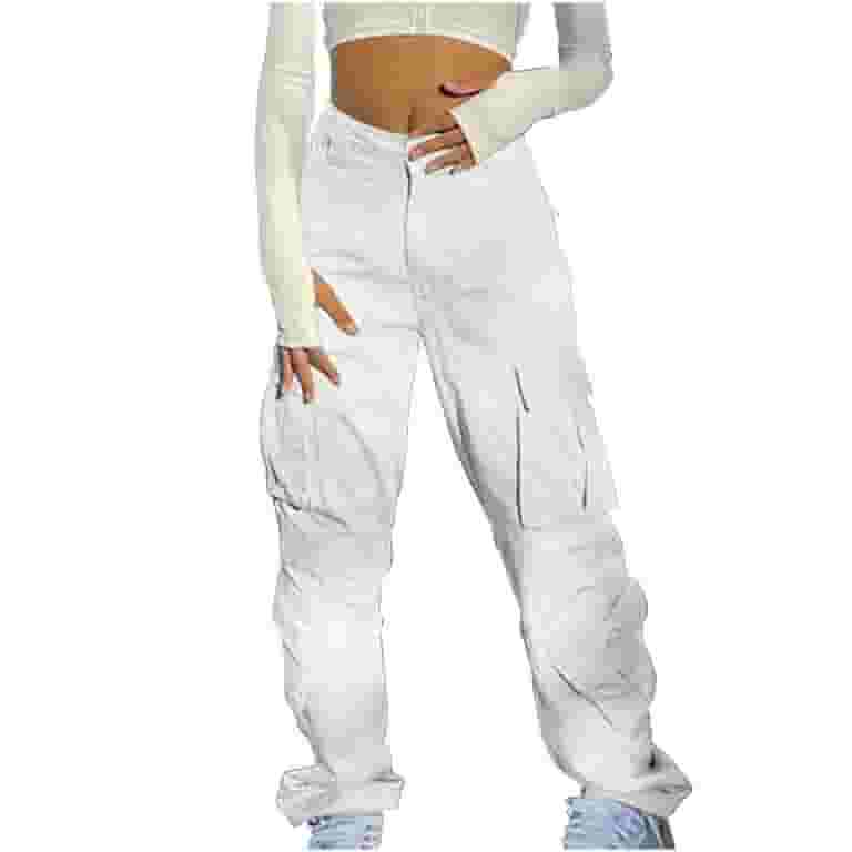 【関税&送料込】CharoRuiz Trousers White Women's Baggy Cargo Pants Low Waist Zipper Loose Fit Wide