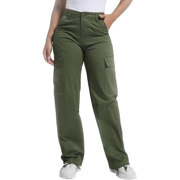Women's Baggy Cargo Pants Relaxed Fit Casual Cotton Hiking Pants with 6 Pockets Green