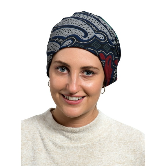 Women's Baggy Chemotherapy Beanie - Batik Print Ponytail Beanie - Soft Materials, Blue Green