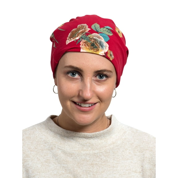 Women's Baggy Chemotherapy Beanie - Batik Print Ponytail Beanie - Soft Materials, Red