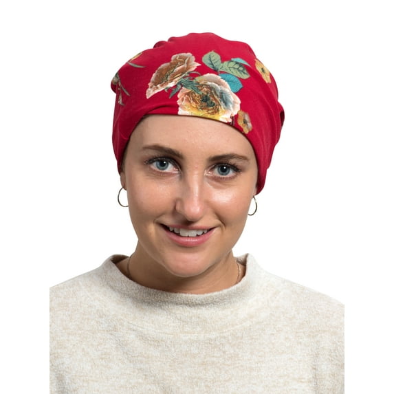 Women's Baggy Chemotherapy Beanie - Batik Print Ponytail Beanie - Soft Materials, Red