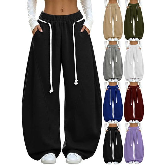 Women's Baggy Drawstring Sweatpants with Pockets,Elastic High Waist Wide Leg,Solid Color Casual Loose Pants for Back to School