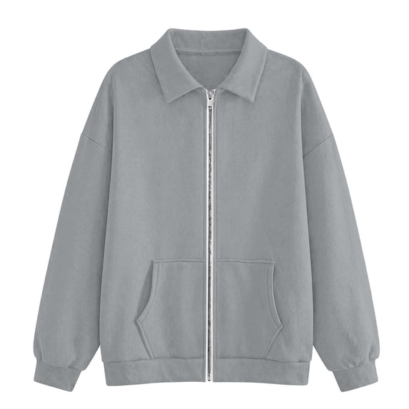 Women's Baggy Full Zip Up Collared Jacket Oversized Long Sleeve Drop Shoulder Solid Color Soft Lightweight Cozy Y2K Casual Athletic Sweatshirt Outwear with Pockets for Spring Gray 3XL