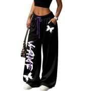 Women's Baggy Gothic Sweatpants Trendy Butterfly Graffiti Print Baggy Gym Sweatpants Y2K Pants Streetwear Y2K Clothing Women Harajuku Wide Leg Lounge Joggers with Pockets