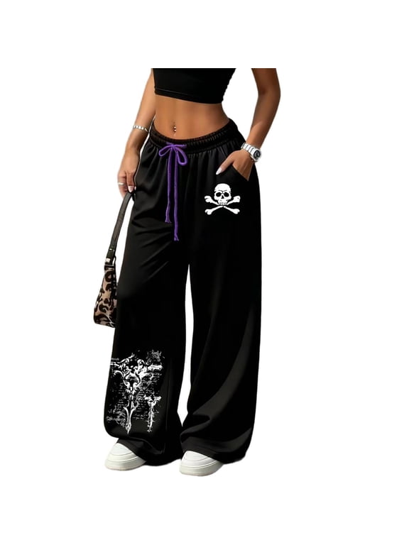 Women's Baggy Gothic Sweatpants Trendy Butterfly Graffiti Print Baggy Gym Sweatpants Y2K Pants Streetwear Y2K Clothing Women Harajuku Wide Leg Lounge Joggers with Pockets