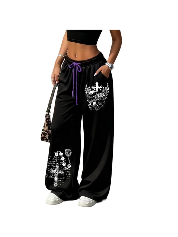 Women's Baggy Gothic Sweatpants Trendy Cross Gothic Pattern Print Baggy Gym Sweatpants Y2K Pants Streetwear Y2K Clothing Women Vintage Gothic Wide Leg Joggers with Pockets
