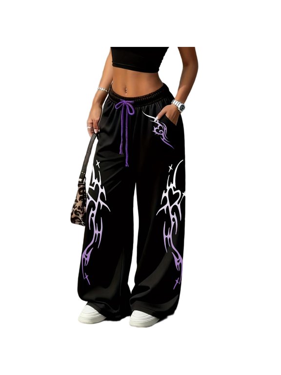 Women's Baggy Gothic Sweatpants Trendy Cross Gothic Pattern Print Baggy Gym Sweatpants Y2K Pants Streetwear Y2K Clothing Women Vintage Gothic Wide Leg Joggers with Pockets