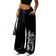 Women's Baggy Gothic Sweatpants Trendy Gradient Purple Gothic Thorn Print Baggy Gym Sweatpants Y2K Pants Streetwear Y2K Clothing Women Dark Y2K Wide Leg Joggers with Pockets