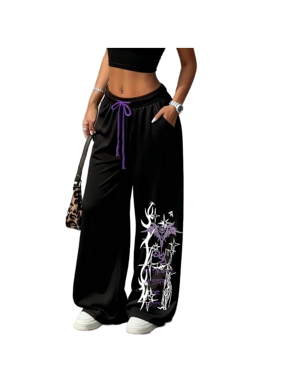 Women's Baggy Gothic Sweatpants Trendy Gradient Purple Gothic Thorn Print Baggy Gym Sweatpants Y2K Pants Streetwear Y2K Clothing Women Dark Y2K Wide Leg Joggers with Pockets
