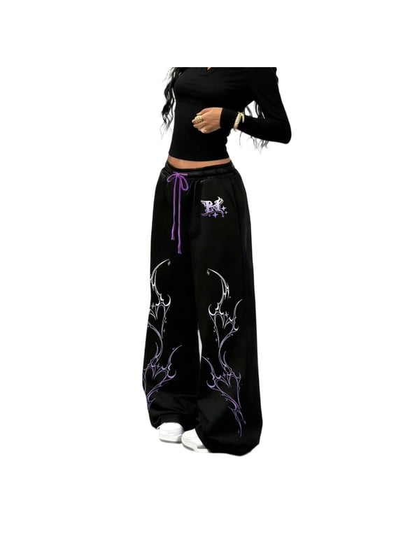 Women's Baggy Gothic Sweatpants Trendy Letter & Star Double-Sided Print Baggy Gym Sweatpants Y2K Pants Streetwear Y2K Clothing Women Loose Wide Leg Casual Joggers with Pockets