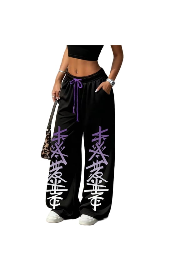 Women's Baggy Gothic Sweatpants Trendy Letter & Star Double-Sided Print Baggy Gym Sweatpants Y2K Pants Streetwear Y2K Clothing Women Loose Wide Leg Casual Joggers with Pockets