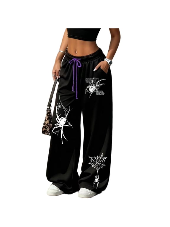 Women's Baggy Gothic Sweatpants Trendy Letter & Star Double-Sided Print Baggy Gym Sweatpants Y2K Pants Streetwear Y2K Clothing Women Loose Wide Leg Casual Joggers with Pockets