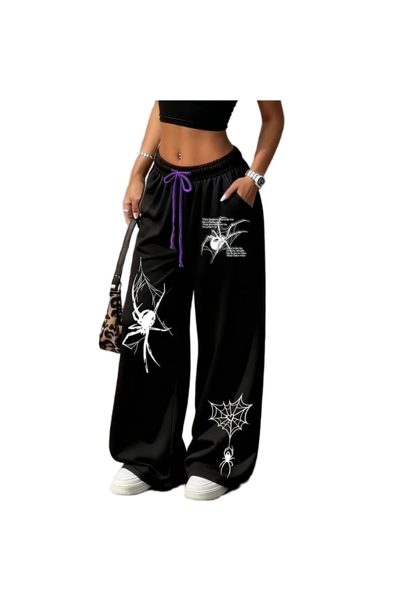 Women's Baggy Gothic Sweatpants Trendy Letter & Star Double-Sided Print Baggy Gym Sweatpants Y2K Pants Streetwear Y2K Clothing Women Loose Wide Leg Casual Joggers with Pockets