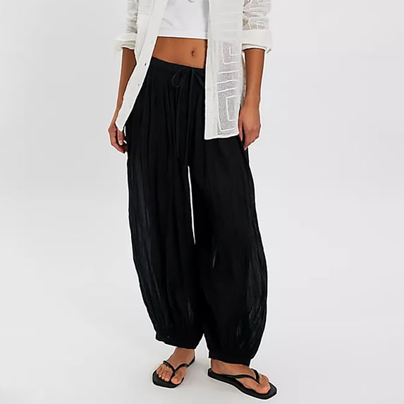 Women's Baggy Harem Pants, Lightweight Balloon Pants with Drawstring Waist and Elastic Cuffs, Casual Loose Beach Trousers for Summer Vacation, Resort Wear, and Boho Style Outfits-Black