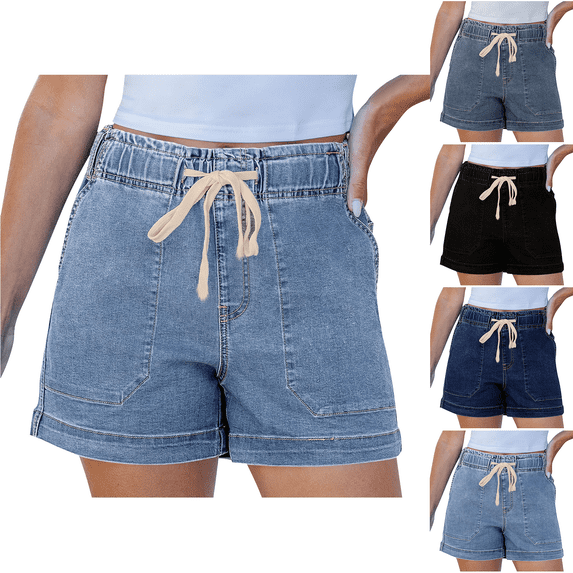Women's Baggy High Waisted Jean Shorts Pull On Wide Leg Denim with Pockets