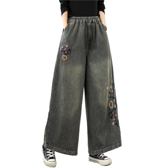 Women's Baggy Jeans Embroidery Drawstring Elastic Waist Wide Leg Denim Loose Pants