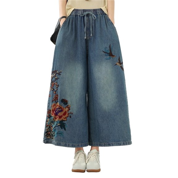 Women's Baggy Jeans Embroidery Drawstring Elastic Waist Wide Leg Denim Loose Pants