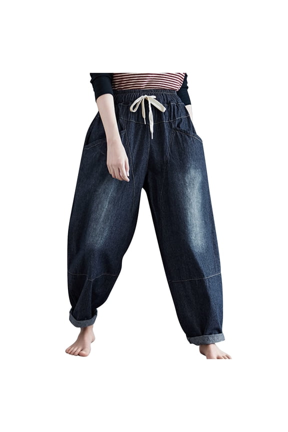 Women's Baggy Jeans Pull on Denim Trousers Drawstring Elastic Waist Casual Wide Leg Jean Pants with Pockets Boot Cut Jeans for lady Blue XXL