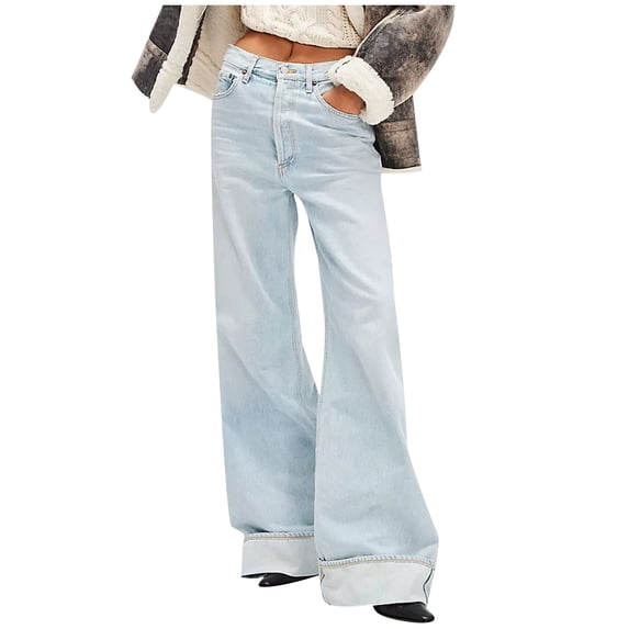 Women's Baggy Jeans Wide Leg High Waisted Button Zipper Vintage Y2k Street Fashion Boyfriend Straight Denim Pants (L, Sky Blue)