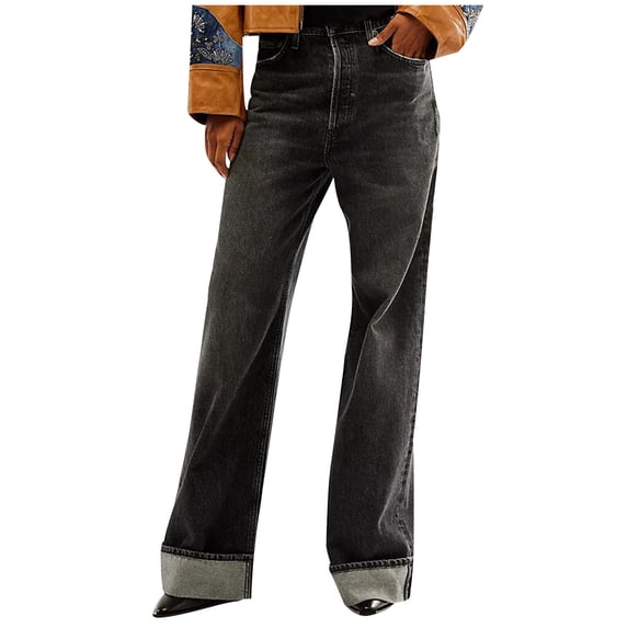 Women's Baggy Jeans Wide Leg High Waisted Button Zipper Vintage Y2k Street Fashion Boyfriend Straight Denim Pants (S, Black)