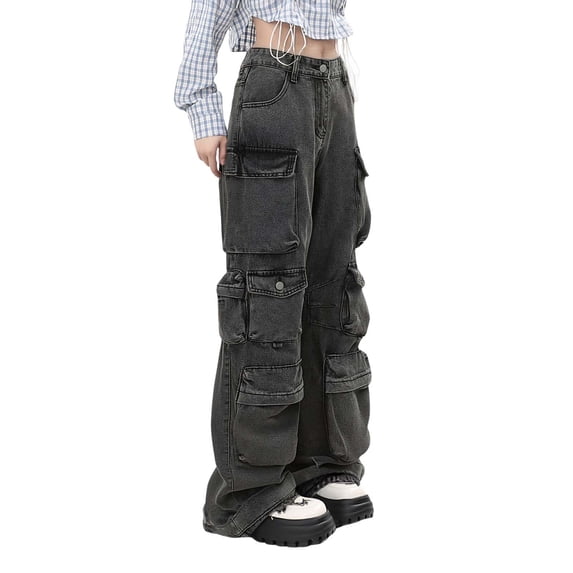 Women’s Baggy Jeans Y2k Cargo Jeans High Waist Baggy Denim Cargo Pants Grey XXXXXXXS