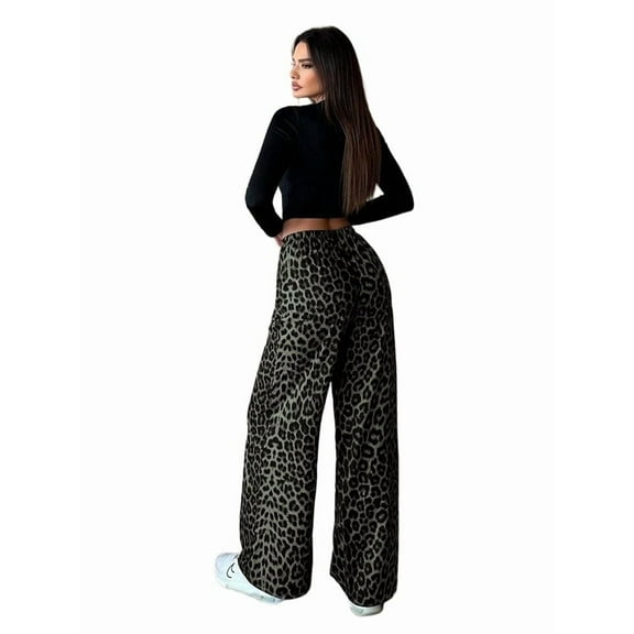 Women's Baggy Leopard Jeans Mid Rise Animal Print Wide Leg Trousers Elastic Waist Cargo Pants with Pockets