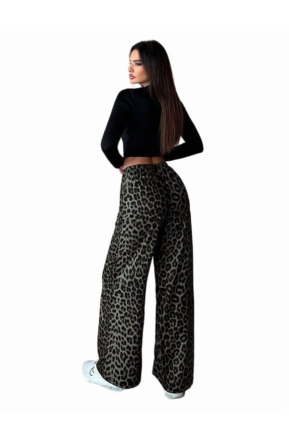 Women's Baggy Leopard Jeans Mid Rise Animal Print  Wide Leg Trousers Elastic Waist Cargo Pants with Pockets