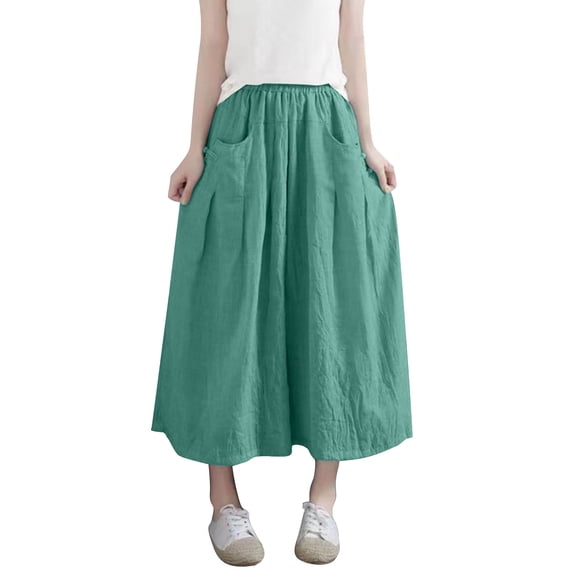 Women's Baggy Linen Capri Pants with Pockets Elastic Waist Wide Leg Capris Plus Size Loose Beach Boho Trouser (2XL, Green)