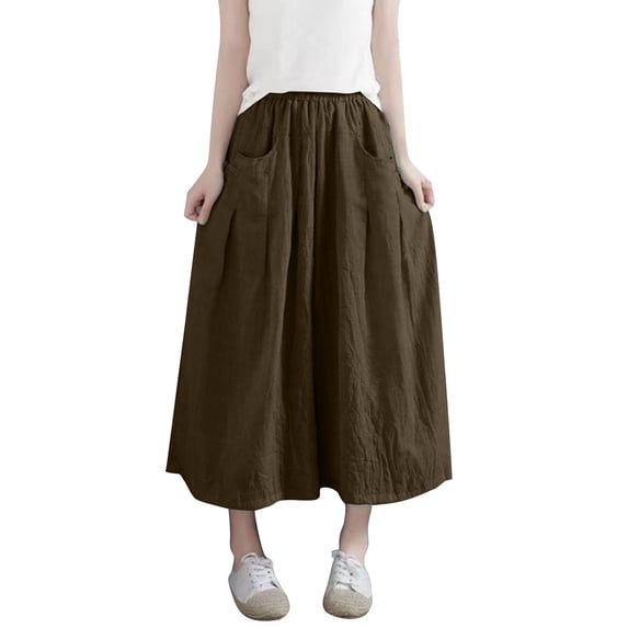 Women's Baggy Linen Capri Pants with Pockets Elastic Waist Wide Leg Capris Plus Size Loose Beach Boho Trouser (3XL, Brown)